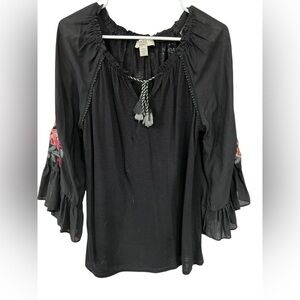 Vintage America Black Blouse with Floral Embroidery
